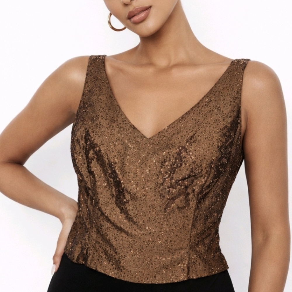 Ann Taylor Blouse Copper Beaded Formal Top Sleeveless Side Zip Lined Siz…